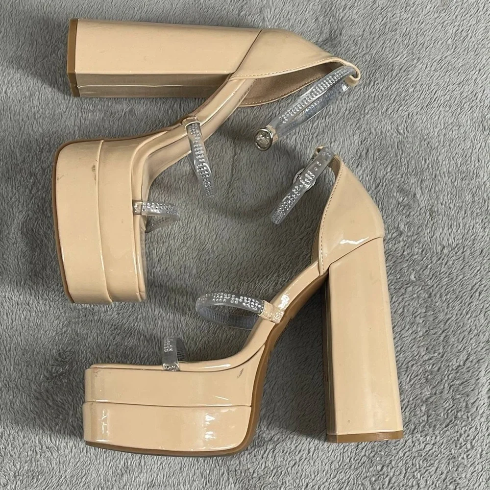 Forever 21 Rhinestone Stacked Ultra High Block‎ Heels Sz 6.5 Square Toe Cream